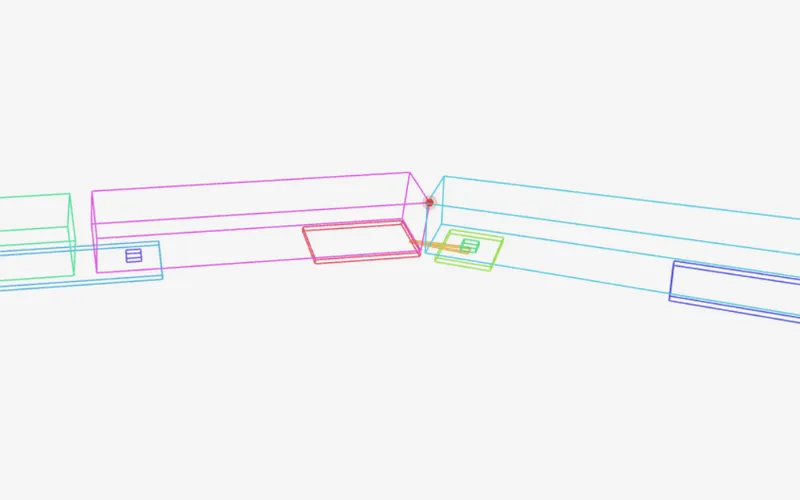 3D wireframe of a multi-trailer combination articulating through a turn, with a collision point highlighted between two units