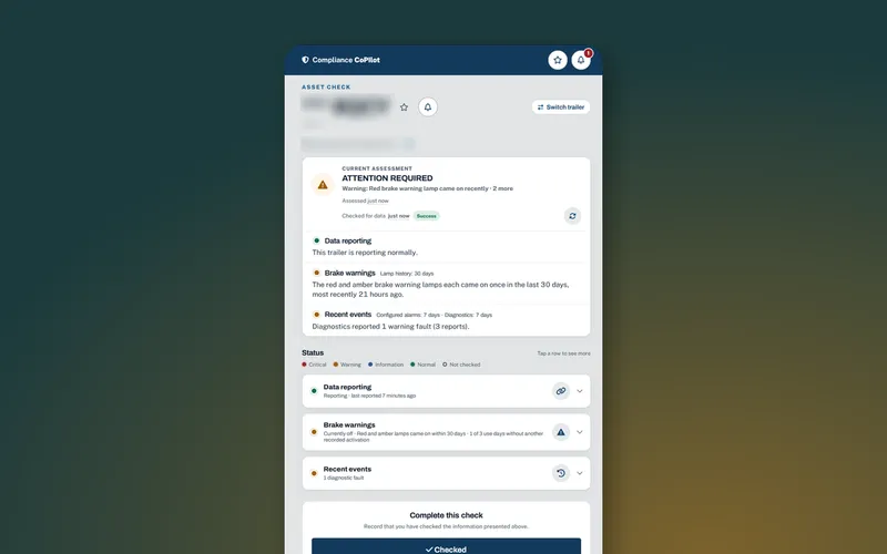 Compliance CoPilot mobile screen showing a trailer asset check with brake warning, data reporting and recent event statuses