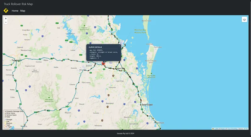 Map of south-east Queensland highways with road curves classified by truck rollover risk and crash severity